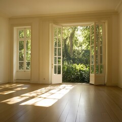 Fototapeta premium A large open door leads to a bright and sunny room with a view of a lush green garden