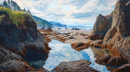 A scenic coastal rock formation with tide pools and marine life, illustrating the interaction between land and sea in a vibrant, dynamic environment.