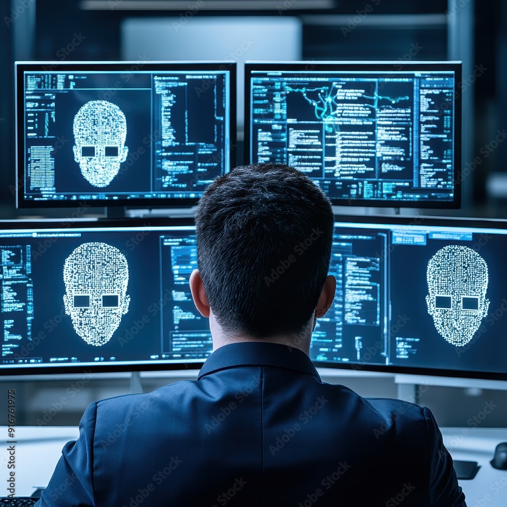 Leinwandbilder Cybersecurity professional monitoring data on multiple screens to prevent cyber threats and ensure information security.