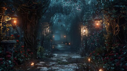 Fototapeta premium Enchanting nighttime garden with glowing lanterns, winding ivy, and ambient light creating a mysterious and magical atmosphere.