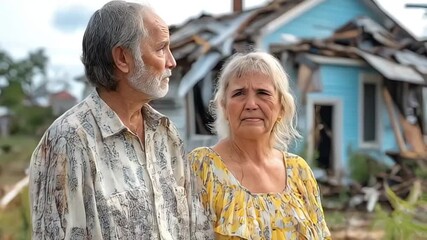 An elderly couple looking at their damaged home after a disaster