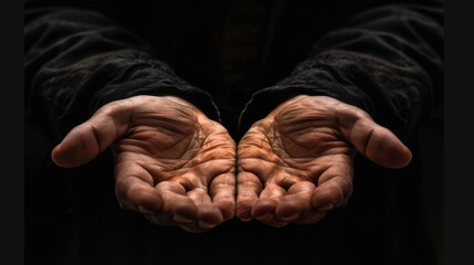 Close up of male hands begging or holding something over black background