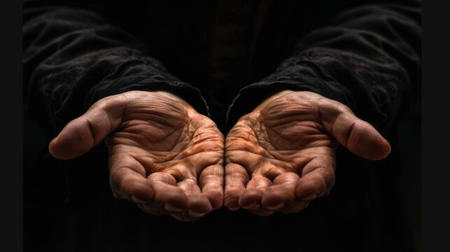 Close up of male hands begging or holding something over black background