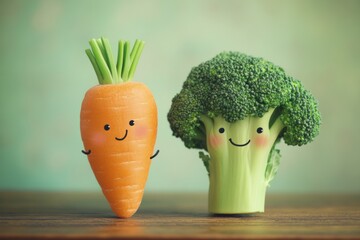 Illustration of a happy carrot and broccoli, promoting healthy eating habits. High-resolution, detailed textures, crisp focus