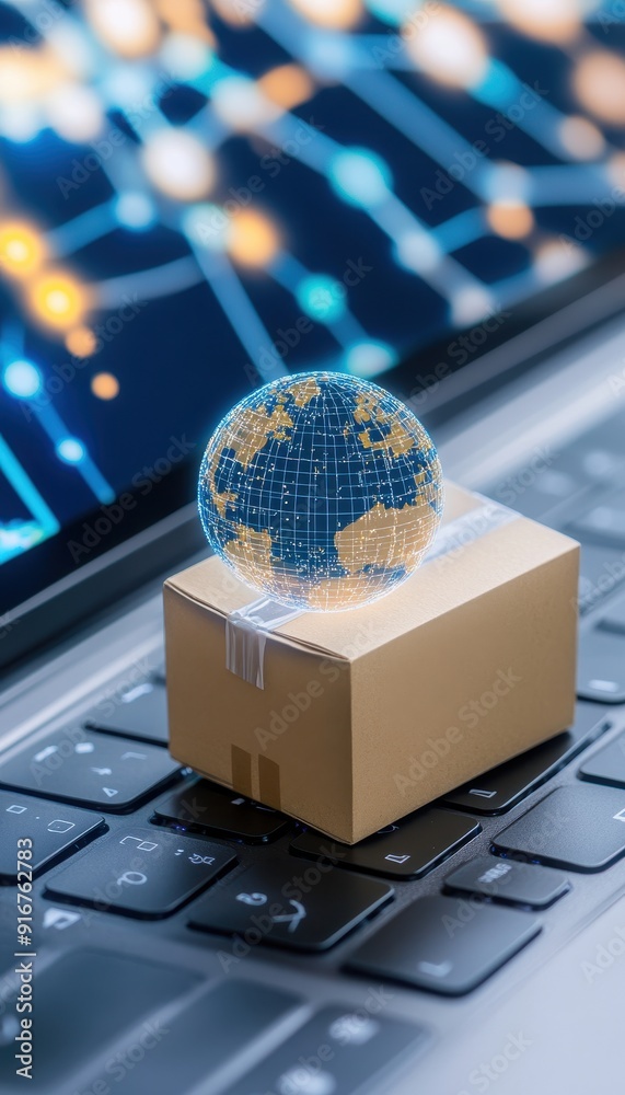 Poster global e-commerce and digital delivery concept with a small package and a globe on a laptop keyboard