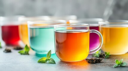 A variety of herbal teas in glass mugs, each with different vibrant colors, promoting hydration with added health benefits, hydration health benefit, herbal wellness