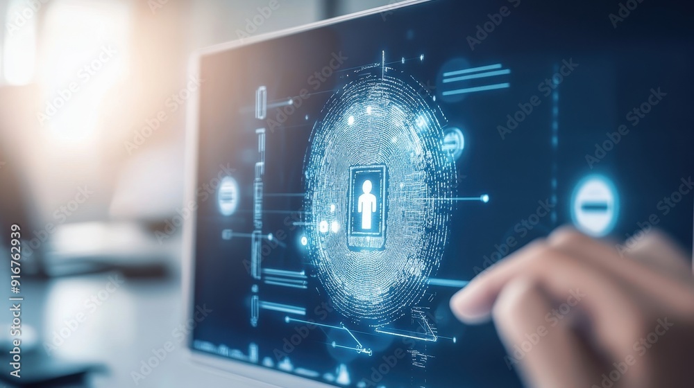 Poster hand interacting with futuristic digital interface, representing data analysis, technology innovatio