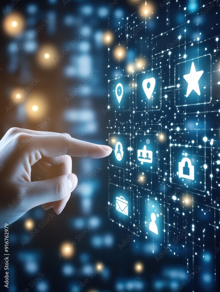 Leinwandbilder hand touching digital interface icons representing technology, communication, and security concepts 