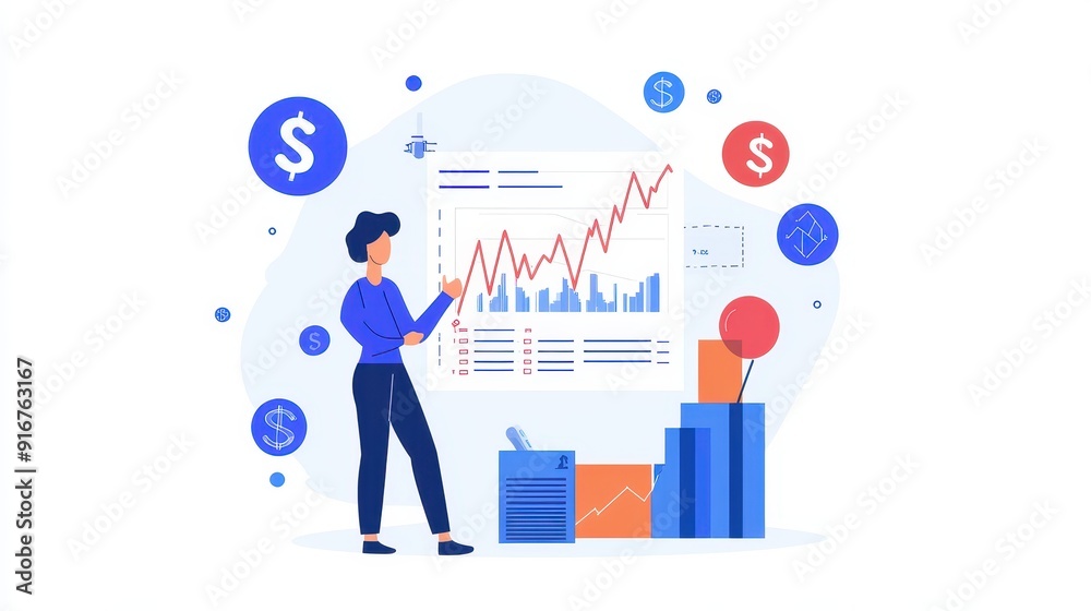 Poster illustration of a person analyzing financial data and charts, highlighting growth and trends in busi