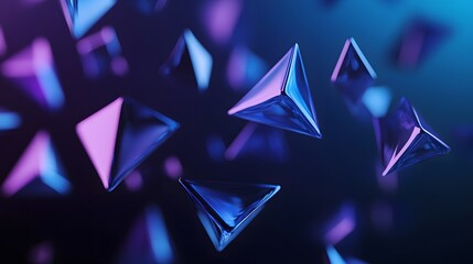 Abstract geometric shapes in blue and purple hues floating against a dark backdrop, symbolizing artificial intelligence, with triangles forming an intricate design for visually engaging presentations