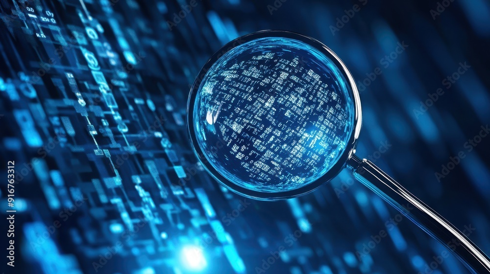 Poster Magnifying glass highlighting digital code with blue abstract background, representing data analysis, cybersecurity, and tech investigation.