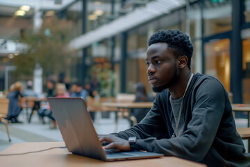 Obraz premium Black male student engaged in online learning at college or university, using laptop to study or freelancer working online.