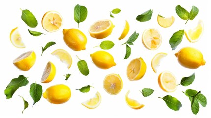 Obraz premium Fresh flying lemons and mint leaves isolated on white background