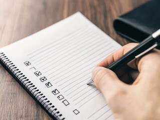 Person writing a checklist in a notepad on a wooden desk. The hand holds a pen, ready to complete tasks or organize plans efficiently.