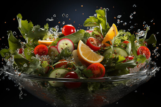Mixed Vegetables Falling into Glass Salad Bowl