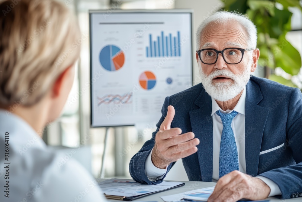 Poster senior businessman discussing financial reports with a colleague in an office setting, with charts a