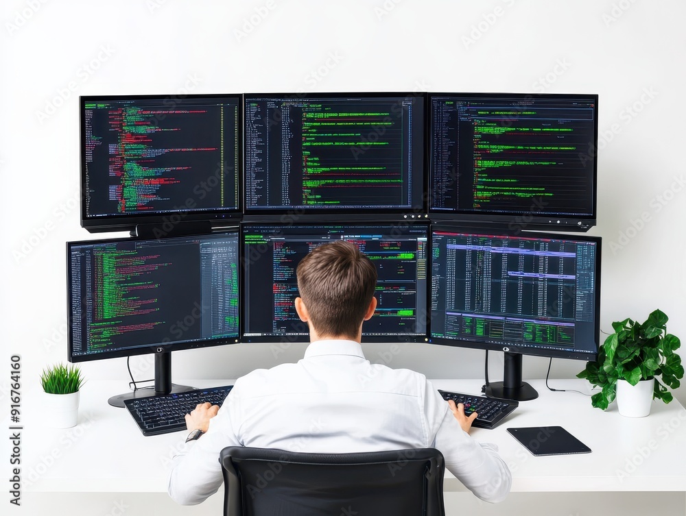 Fototapete Software developer working on multiple monitors with code on screens, showcasing professional workspace and cutting-edge programming environment.