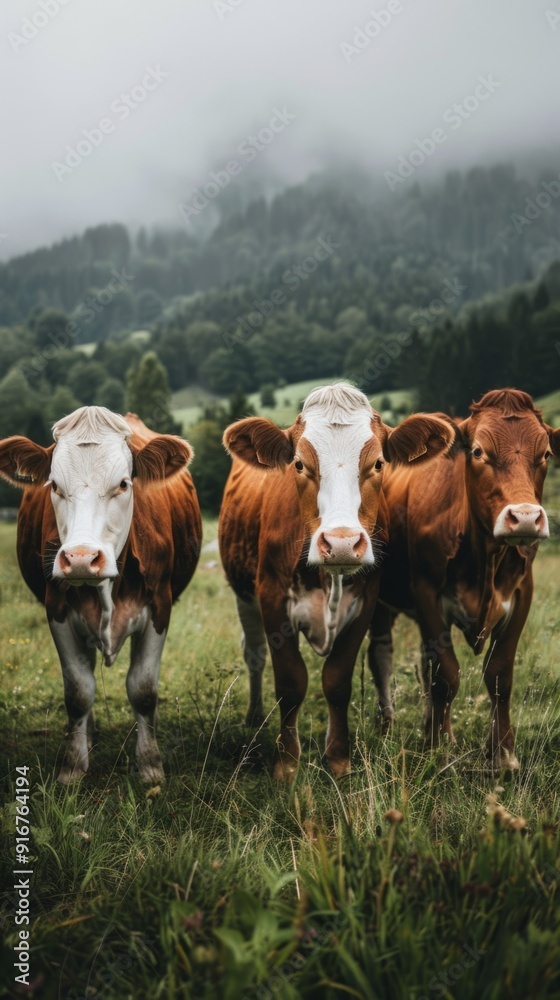 Aufkleber Three cows standing in a field with a cloudy sky in the background
