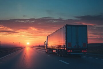 Semi Truck on Highway at Sunset