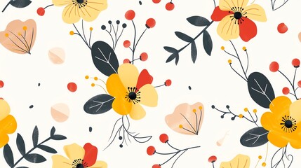 Seamless floral design featuring hand-drawn, graphic motifs