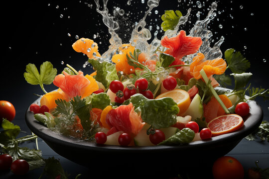 Refreshing Salad Ingredients Falling into Bowl