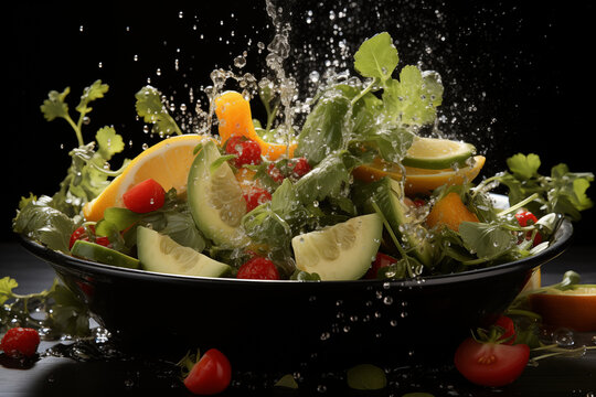 Fresh Vegetables Splash into Salad Bowl