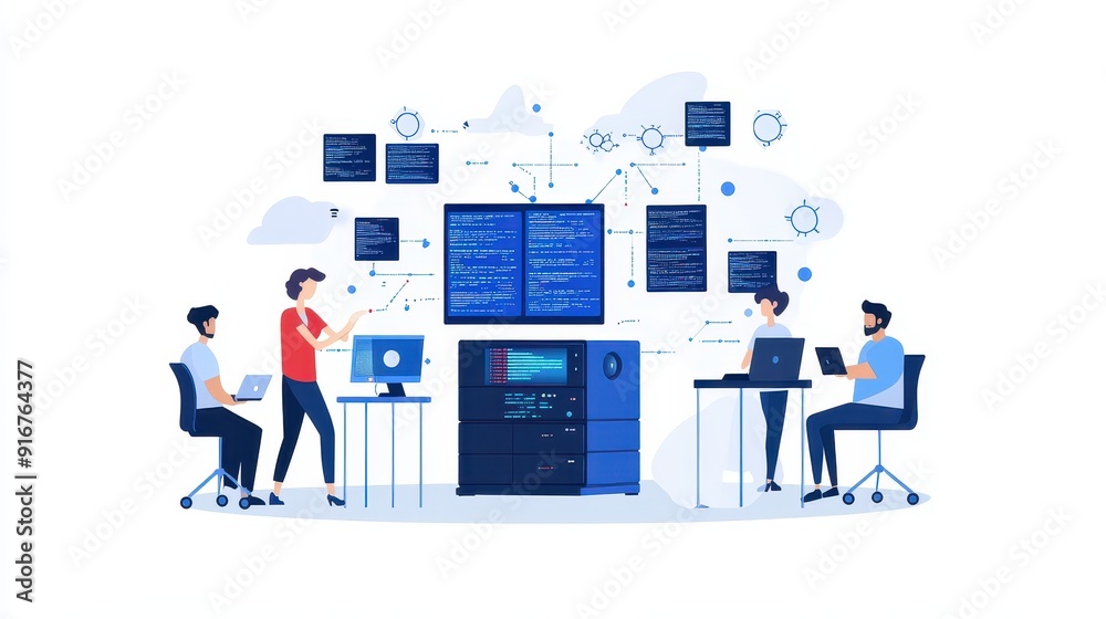 Poster Team of developers collaborating in a modern office, working on data analysis and technology integration with servers and laptops.