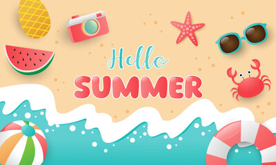 Hello summer banner template illustration. Hello summer text with tropical elements like floater, beach ball. Vector illustration summer greeting background.
