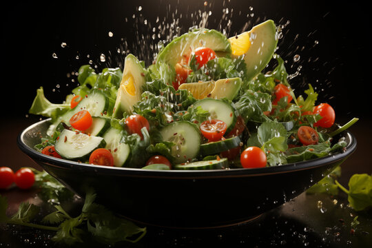 Vibrant Salad Ingredients Falling into Glass Bowl