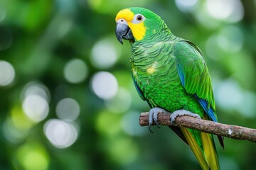 Green Parrot perched on a branch in a lush green forest