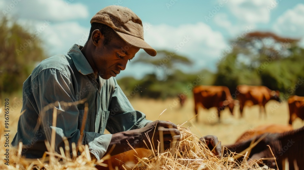 Poster a man is sitting in a field with cows and feeding them