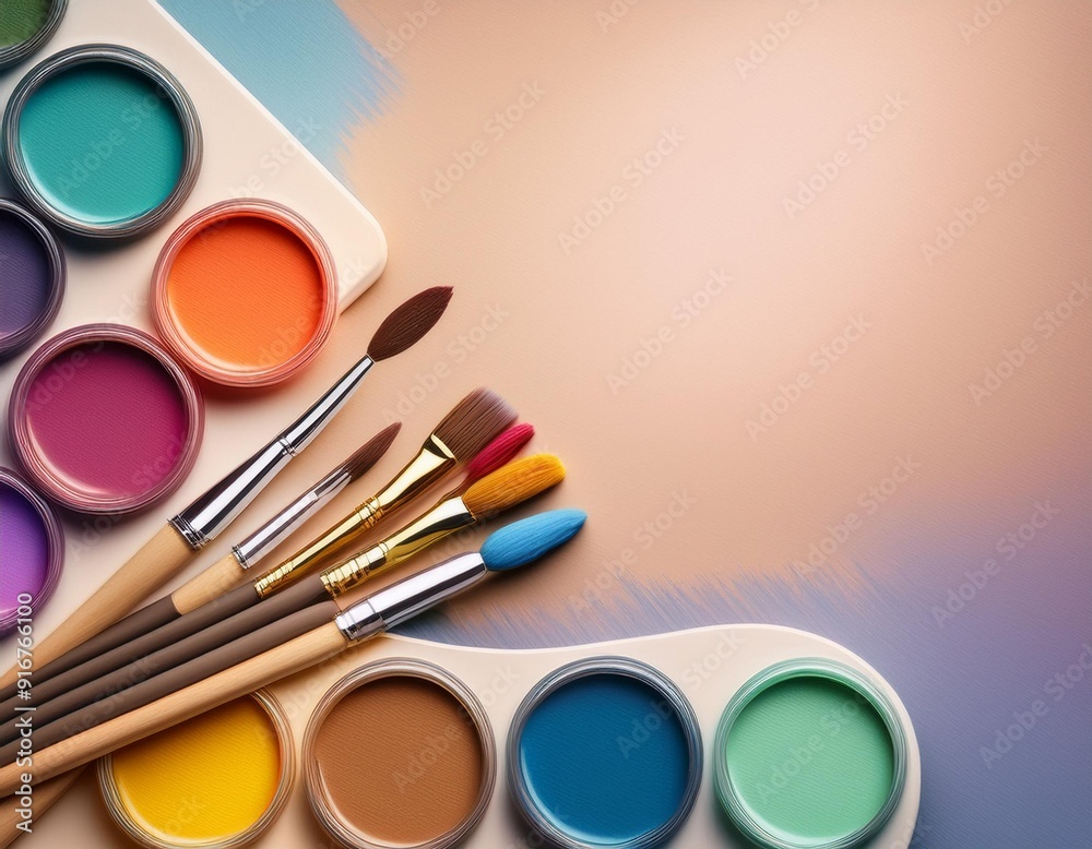 Wall mural  Aesthetic background adorned with an array of paint brushes and a palette of different colors