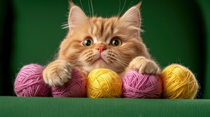 Beige Kitten Playing With Woolen Lilac Thread Balls