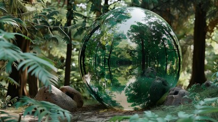 A glass orb containing a miniature forest rests on a bed of moss in a lush, green forest.