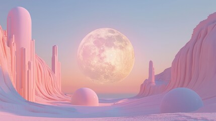 Fototapeta premium Surreal Minimalist Landscape with Pastel Colors and Full Moon in Dreamlike Desert Setting