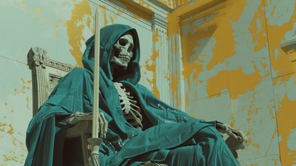 Obraz premium Minimalist Pastel Color Skeleton in Hooded Robe Sitting on Throne with Sword in Hand