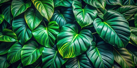 Vibrant dark green tropical leaves with intricate texture and natural foliage growth in a lush rainforest jungle outdoor summer background.