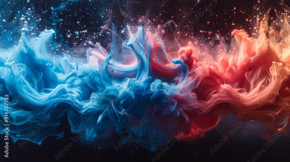Poster colorful swirling patterns of blue and red liquid create a mesmerizing abstract display in a dark se