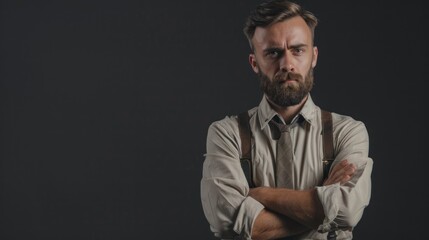 Obraz premium A man with a beard and mustache is wearing a white shirt and suspenders