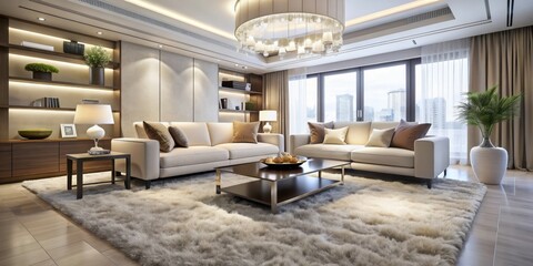 Sophisticated living room features plush white carpet, sleek furniture, and contemporary decor, captured from a low angle, exuding warmth and elegance.