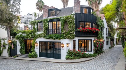 Fototapeta premium Vibrant red roses and lush green plants frame a modern blue garage door against white walls, enhancing the inviting atmosphere of this elegant property
