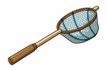Fishing net with wooden handle for catching fish art vector illustration