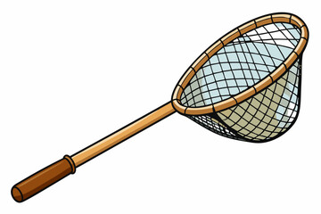 Fishing net with wooden handle for catching fish art vector illustration