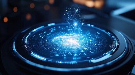 High-tech holographic projection device showcasing intricate data visualization and analysis in a futuristic environment