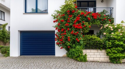 Fototapeta premium Vibrant red roses and lush green plants frame a modern blue garage door against white walls, enhancing the inviting atmosphere of this elegant property