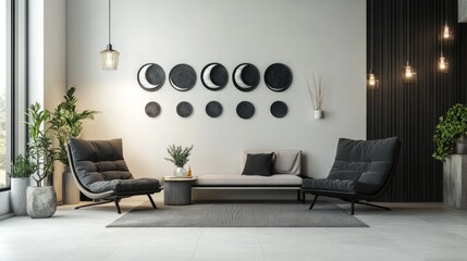 Modern astrology living room with moon phase decorations and stylish seating
