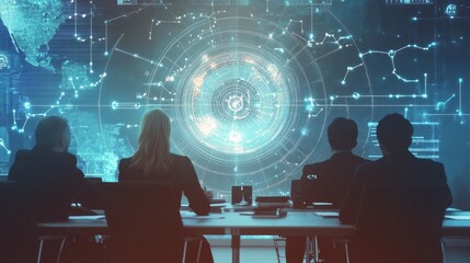 Diverse group of professionals analyzing data from a futuristic astrology interface in a modern conference room