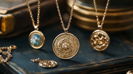 Stylish astrology necklaces featuring zodiac symbols displayed elegantly on a vintage leather background