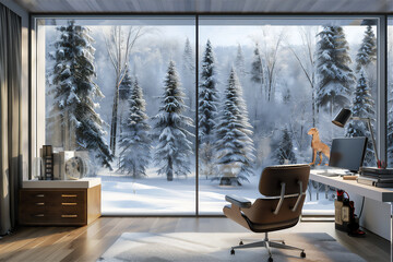 Home office interior with winter forest view, version 1 