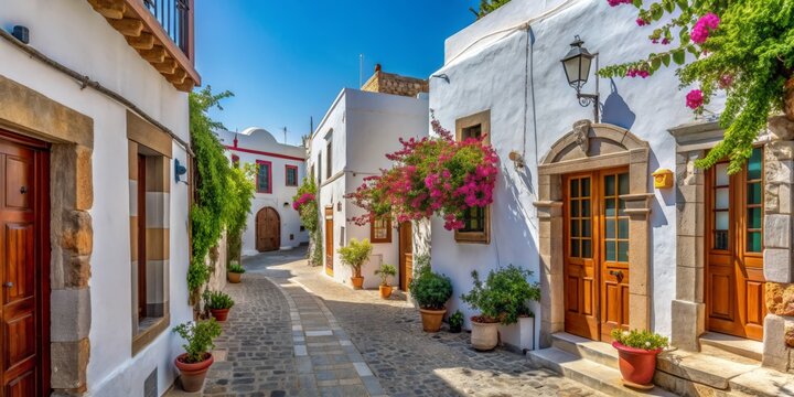 Fototapeta Whitewashed houses and narrow cobblestone streets preserve traditional Greek architecture in picturesque Lardos Village on Rhodes Island, South Aegean Greece.